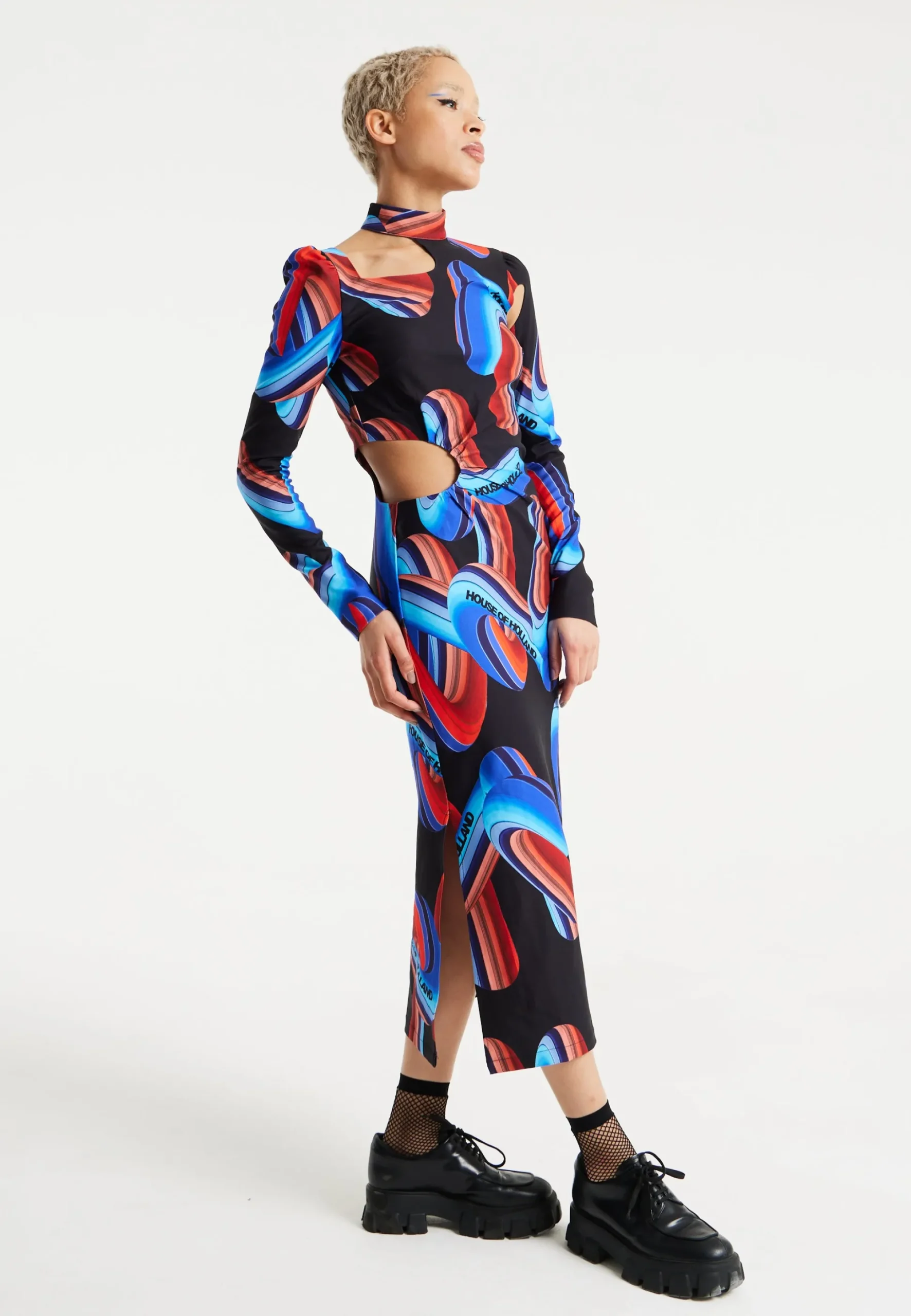 House Of Holland Abstract Print Midi Dress With Front Cut Out Detail