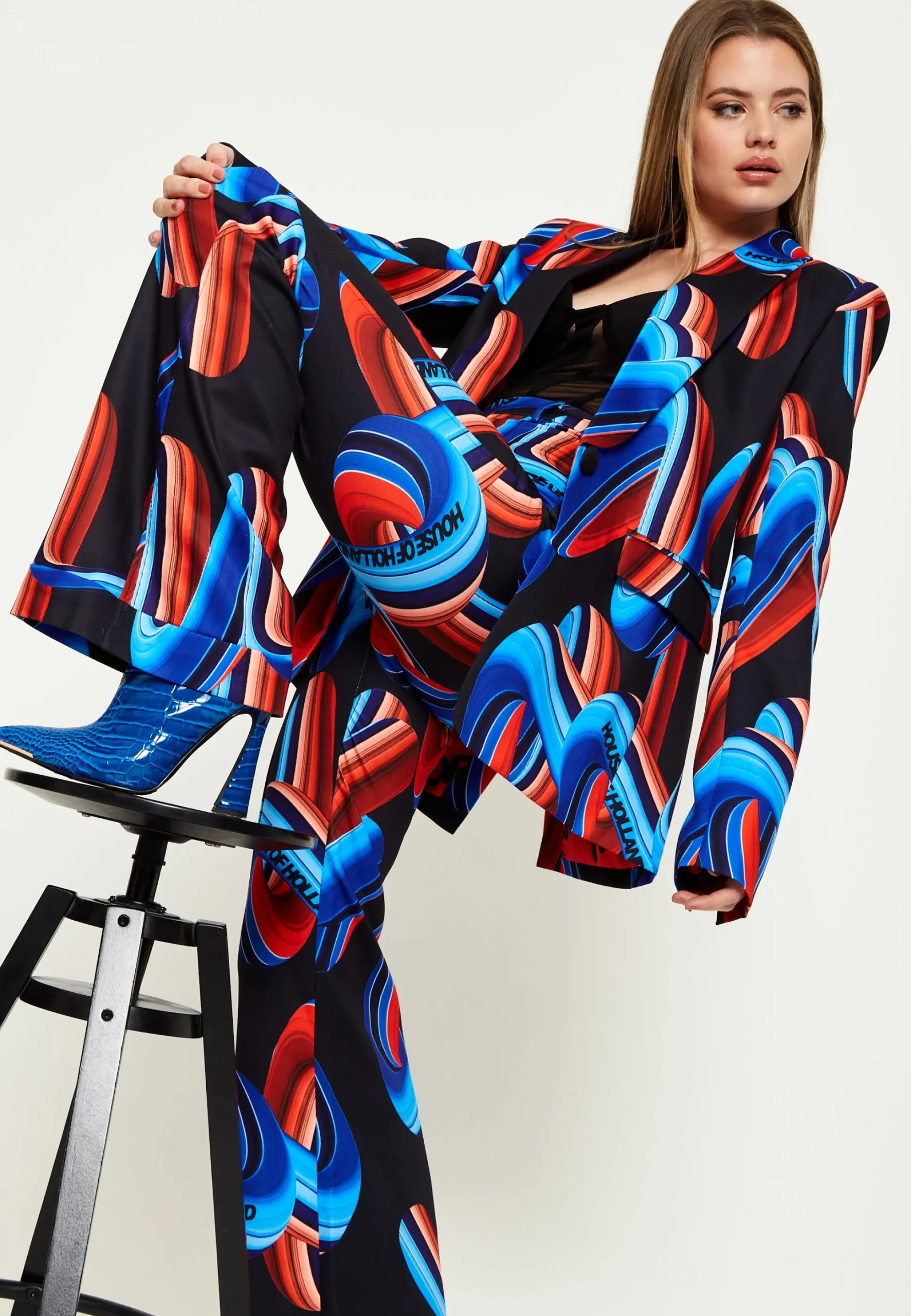 House Of Holland Abstract Print Blazer In Black, Red And Blue