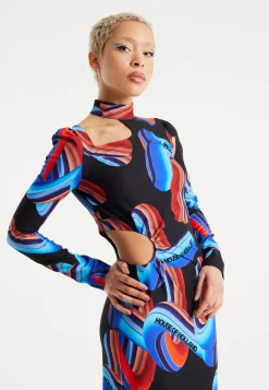 House Of Holland Abstract Print Midi Dress With Front Cut Out Detail