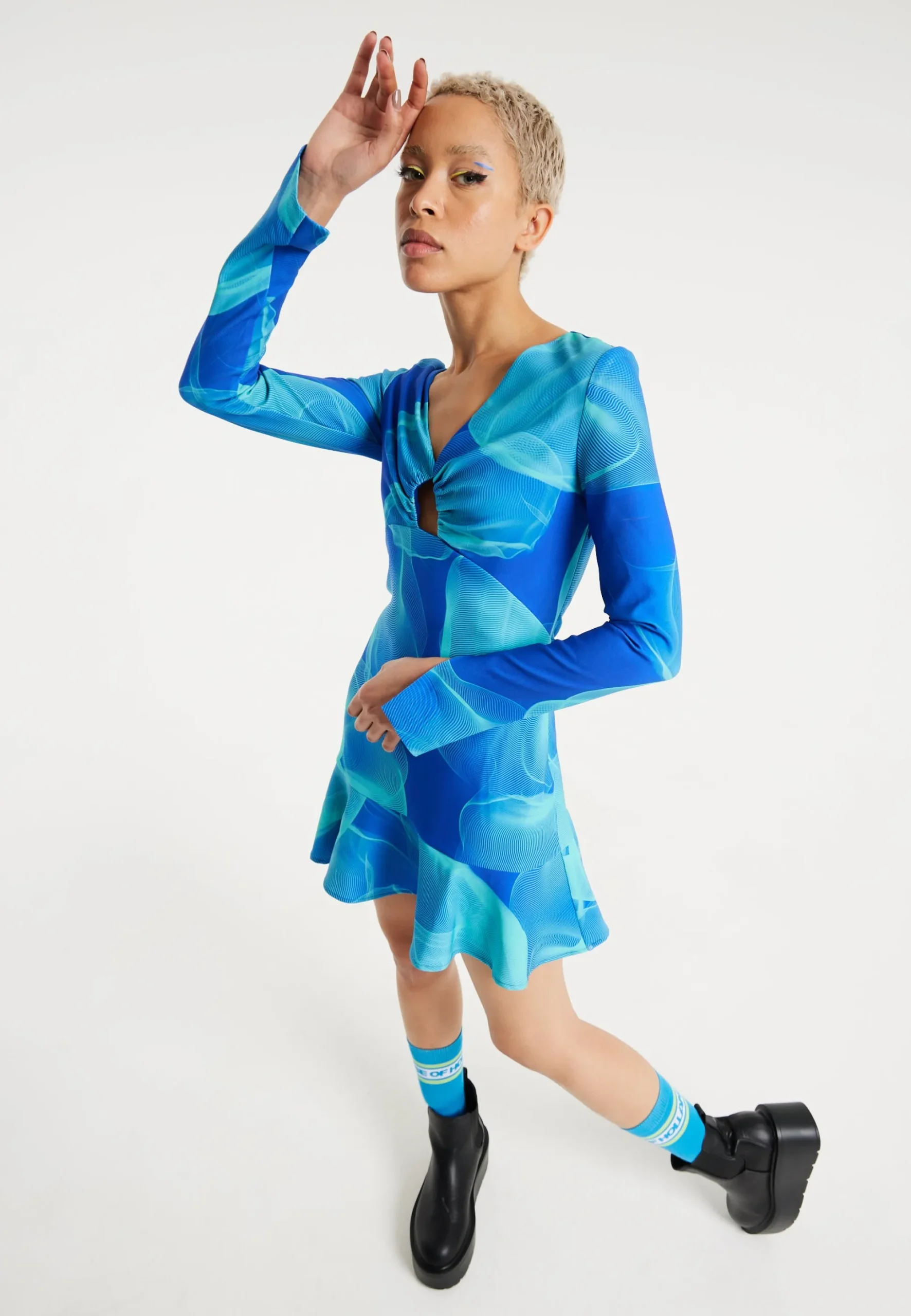 House Of Holland Aqua Mesh Abstract Wire Print Long Sleeve Dress With