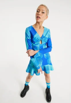 House Of Holland Aqua Mesh Abstract Wire Print Long Sleeve Dress With