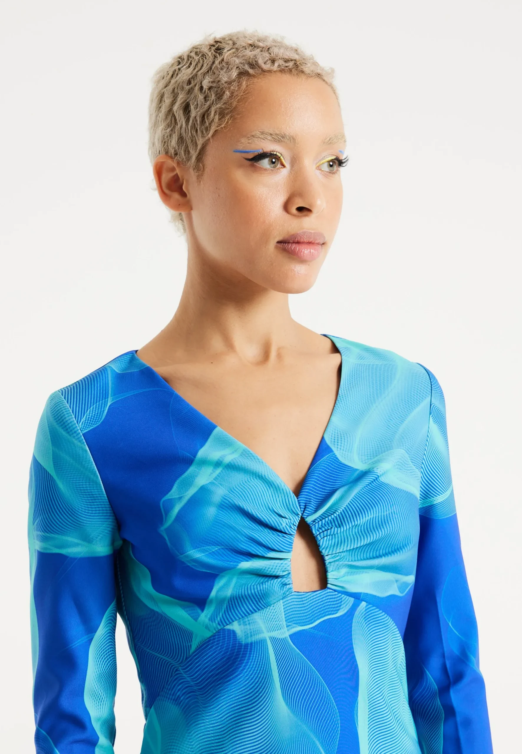 House Of Holland Aqua Mesh Abstract Wire Print Long Sleeve Dress With