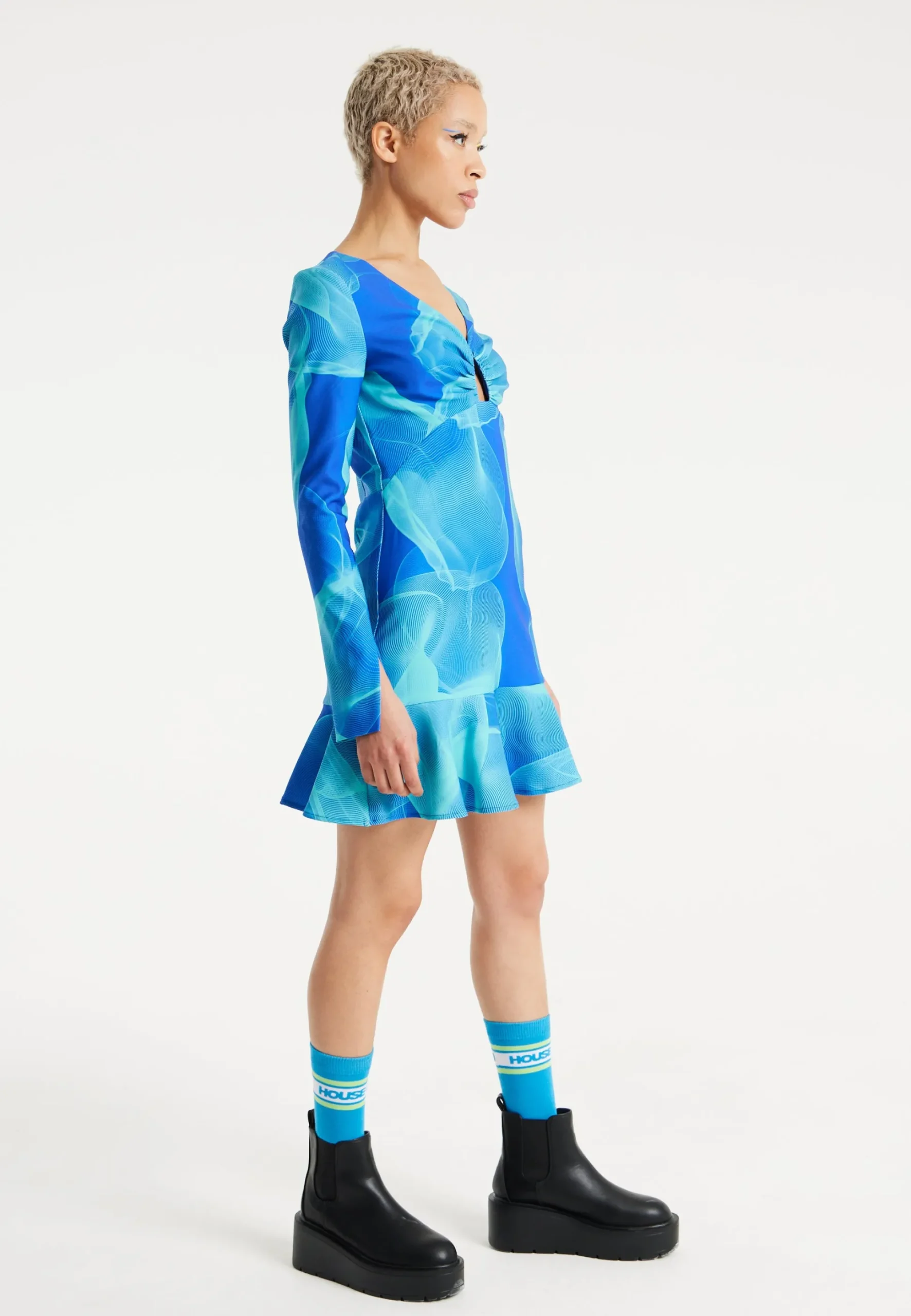 House Of Holland Aqua Mesh Abstract Wire Print Long Sleeve Dress With