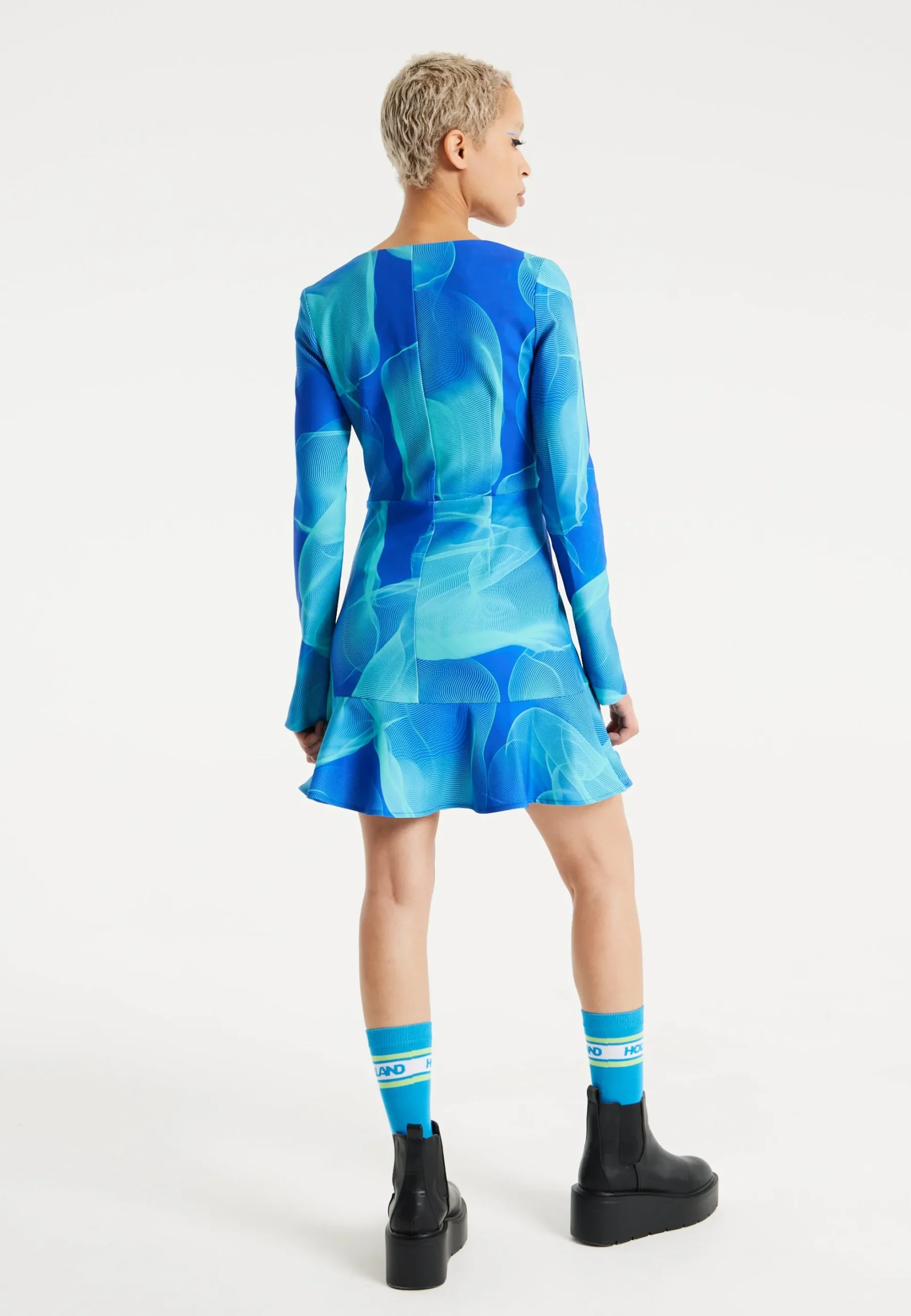 House Of Holland Aqua Mesh Abstract Wire Print Long Sleeve Dress With