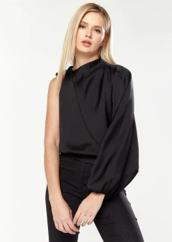 House Of Holland Asymmetric Voluminous Sleeve Top In Black