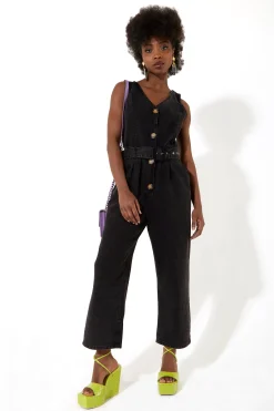 House of Holland Black 90’s Look Denim Jumpsuit With A Belt And Tortoi
