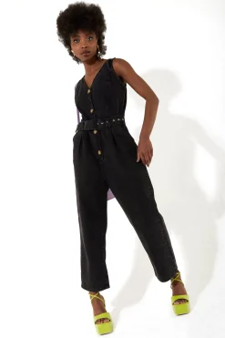 House of Holland Black 90’s Look Denim Jumpsuit With A Belt And Tortoi