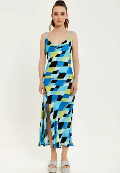 House Of Holland Blue And Black Printed Midi Dress With Cowl Neck