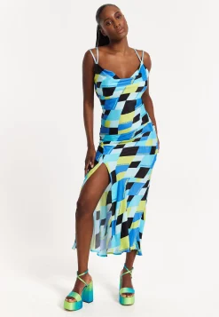 House Of Holland Blue And Black Printed Midi Dress With Cowl Neck