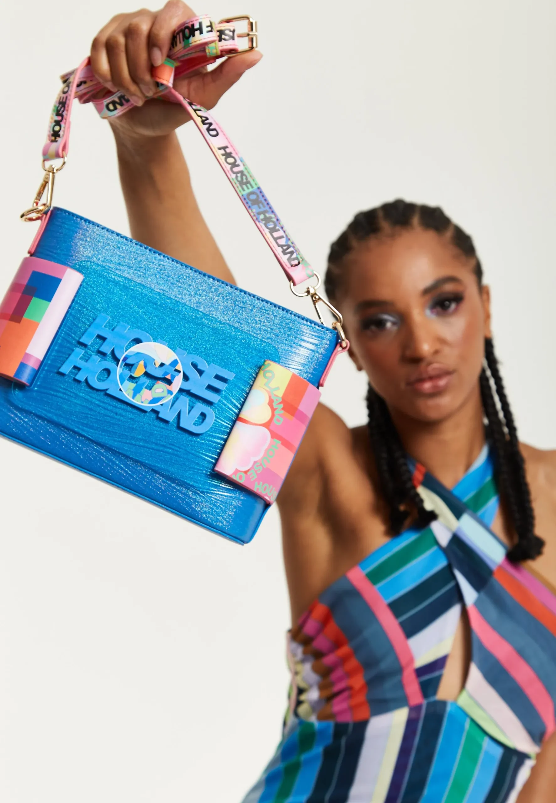 House Of Holland Blue Crossbody Bag With Logo Printed Acrylic Front