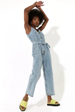 House of Holland Blue 90’s Look Denim Jumpsuit With A Belt And Tortois