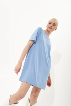 House of Holland Blue Tencel T-Shirt Dress With Logo Embroidery