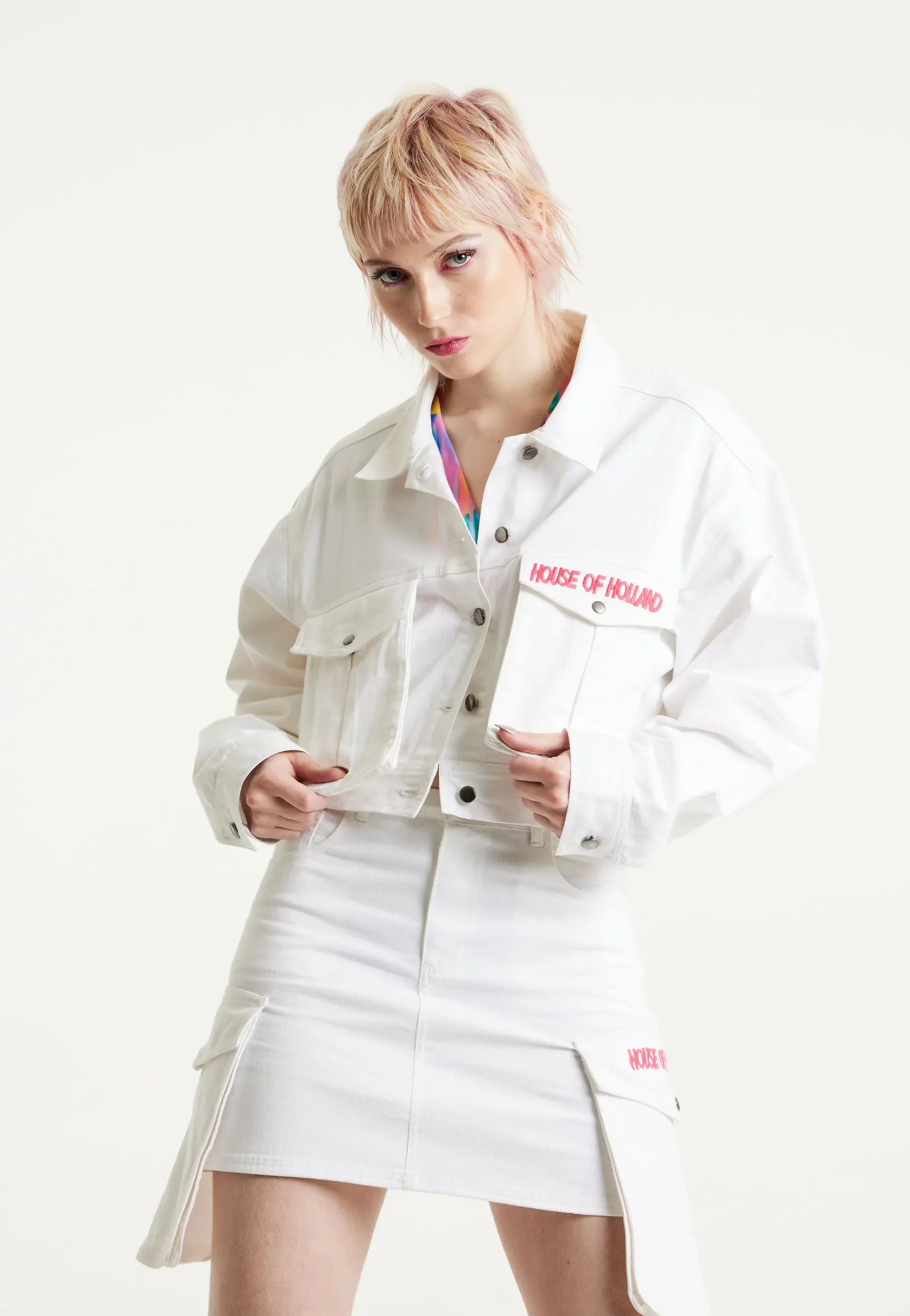 House Of Holland Bulldog Embroidered White Denim Jacket