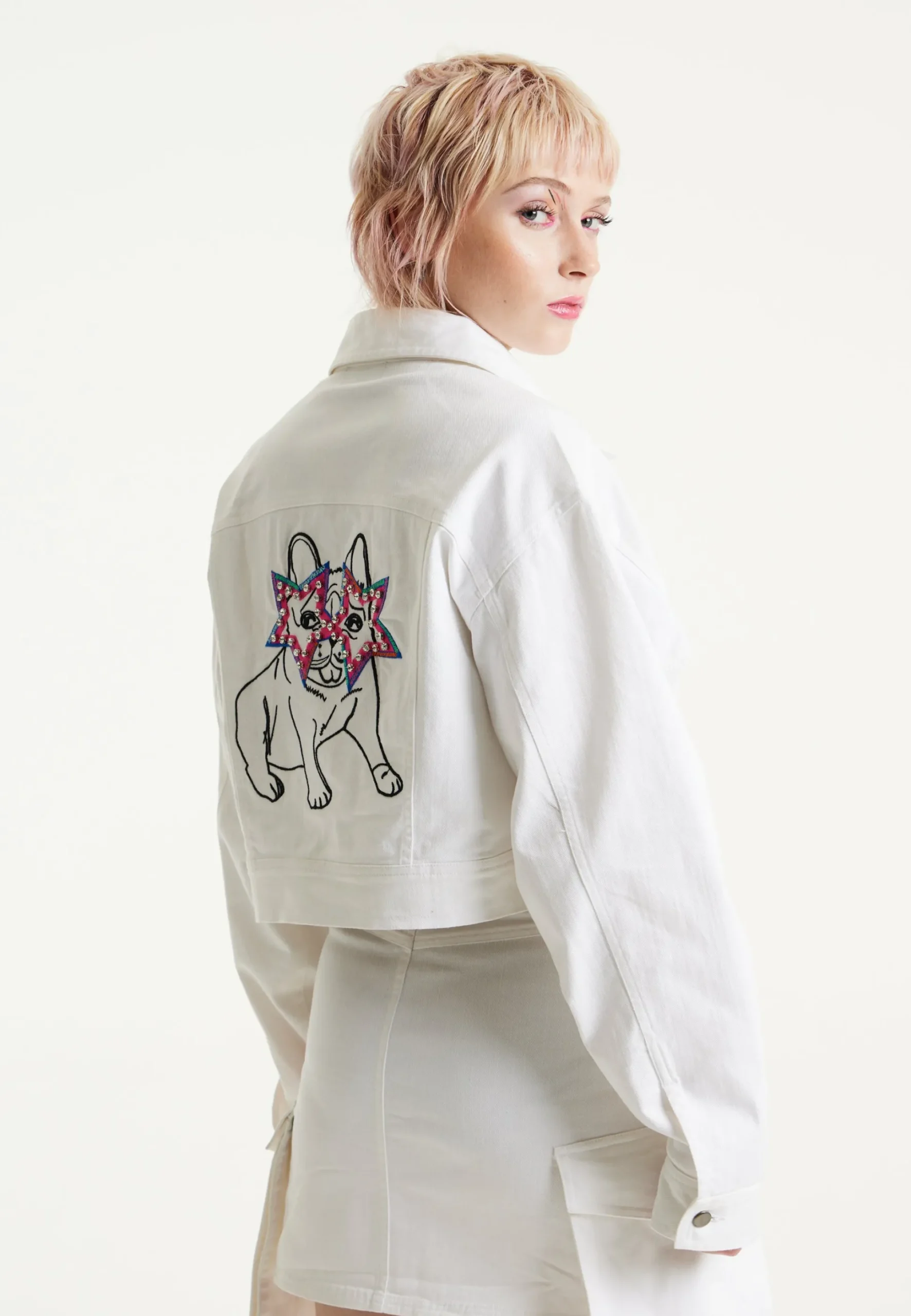 House Of Holland Bulldog Embroidered White Denim Jacket