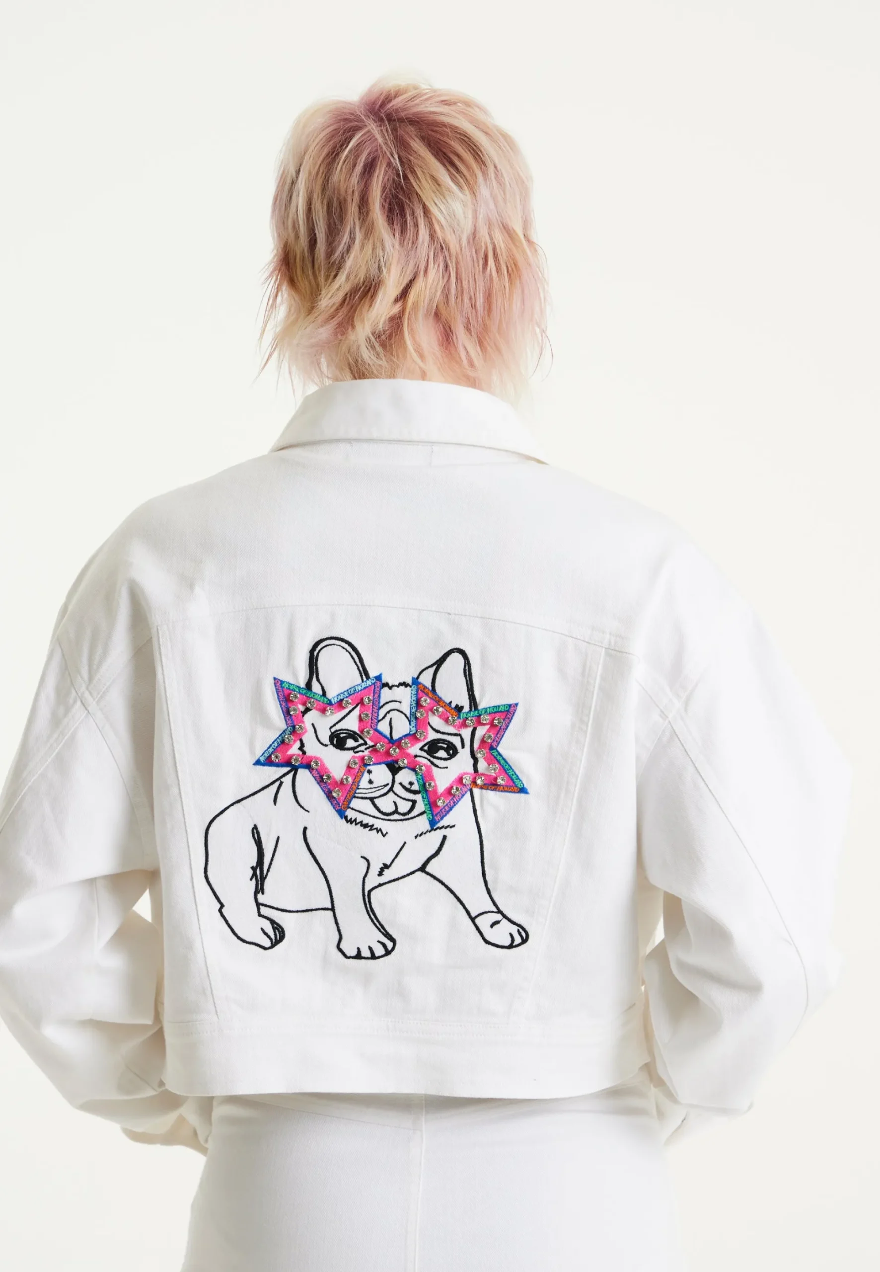 House Of Holland Bulldog Embroidered White Denim Jacket
