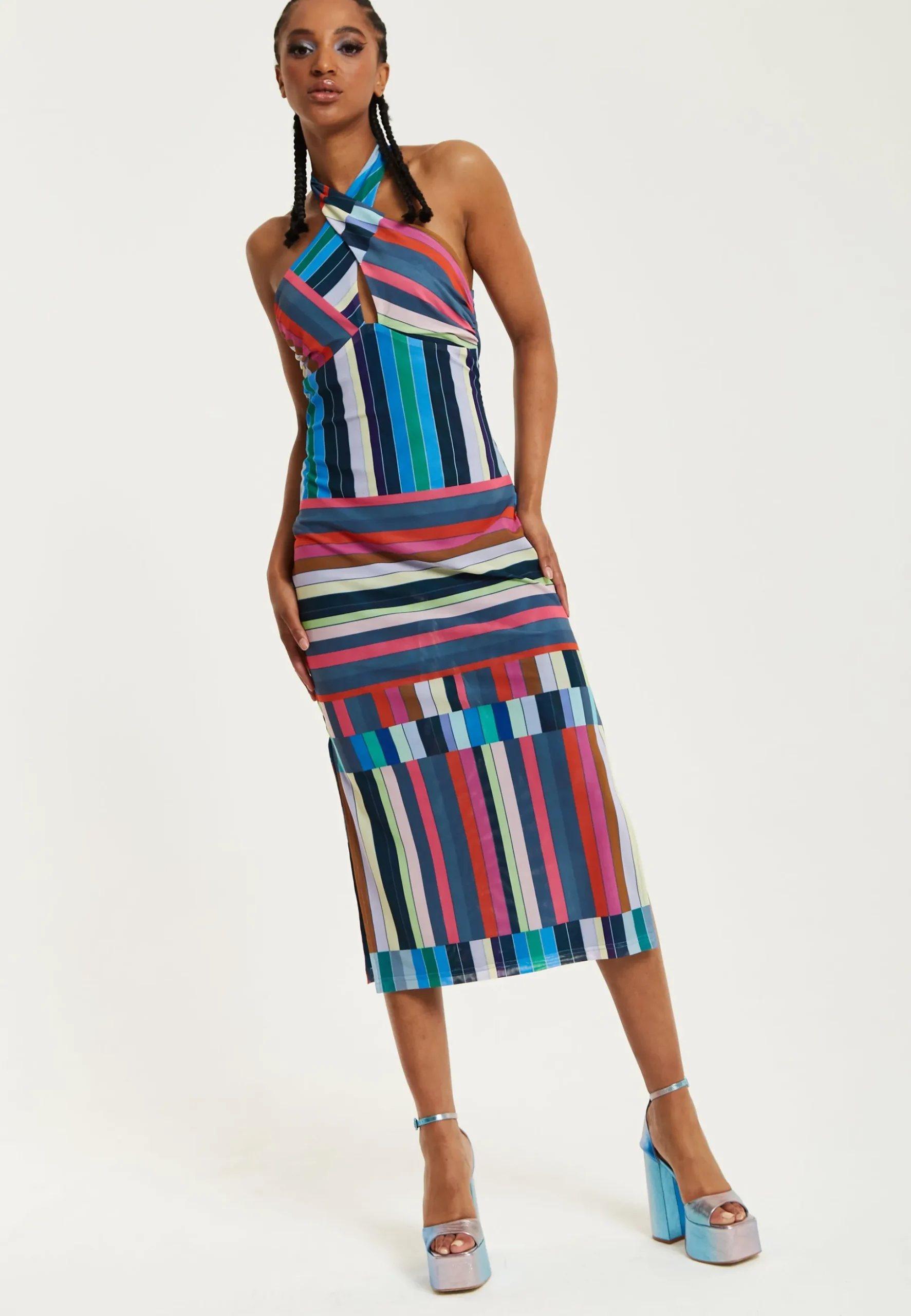 House of Holland Colour Bar Halter Neck Midi Dress