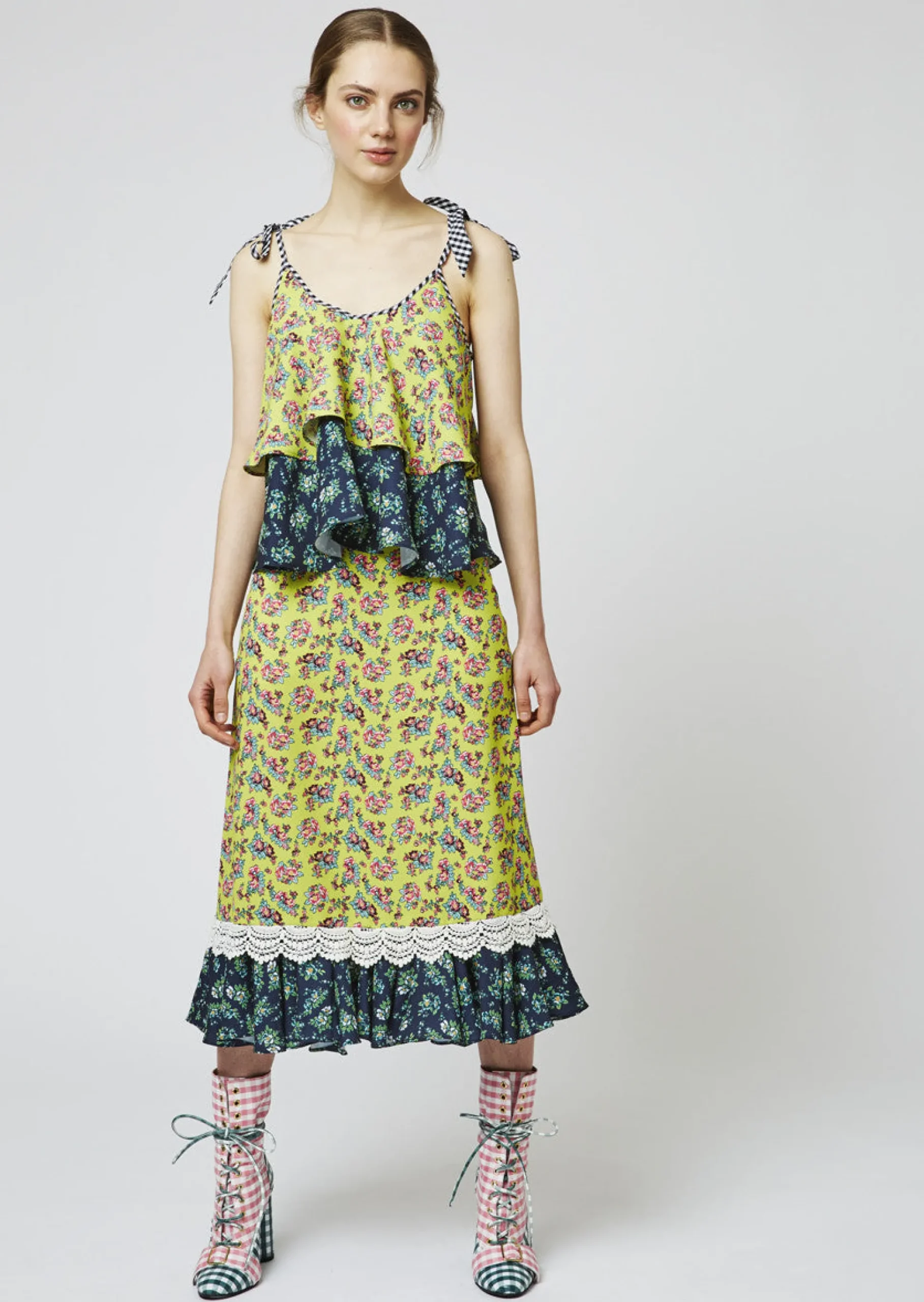House of Holland Crepe Ditsy Frill Hem Midi Skirt