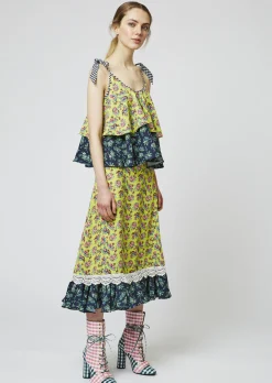 House of Holland Crepe Ditsy Frill Hem Midi Skirt