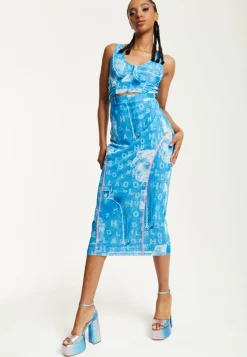 House Of Holland Denim Print Midi Dress With Cut Out Detail