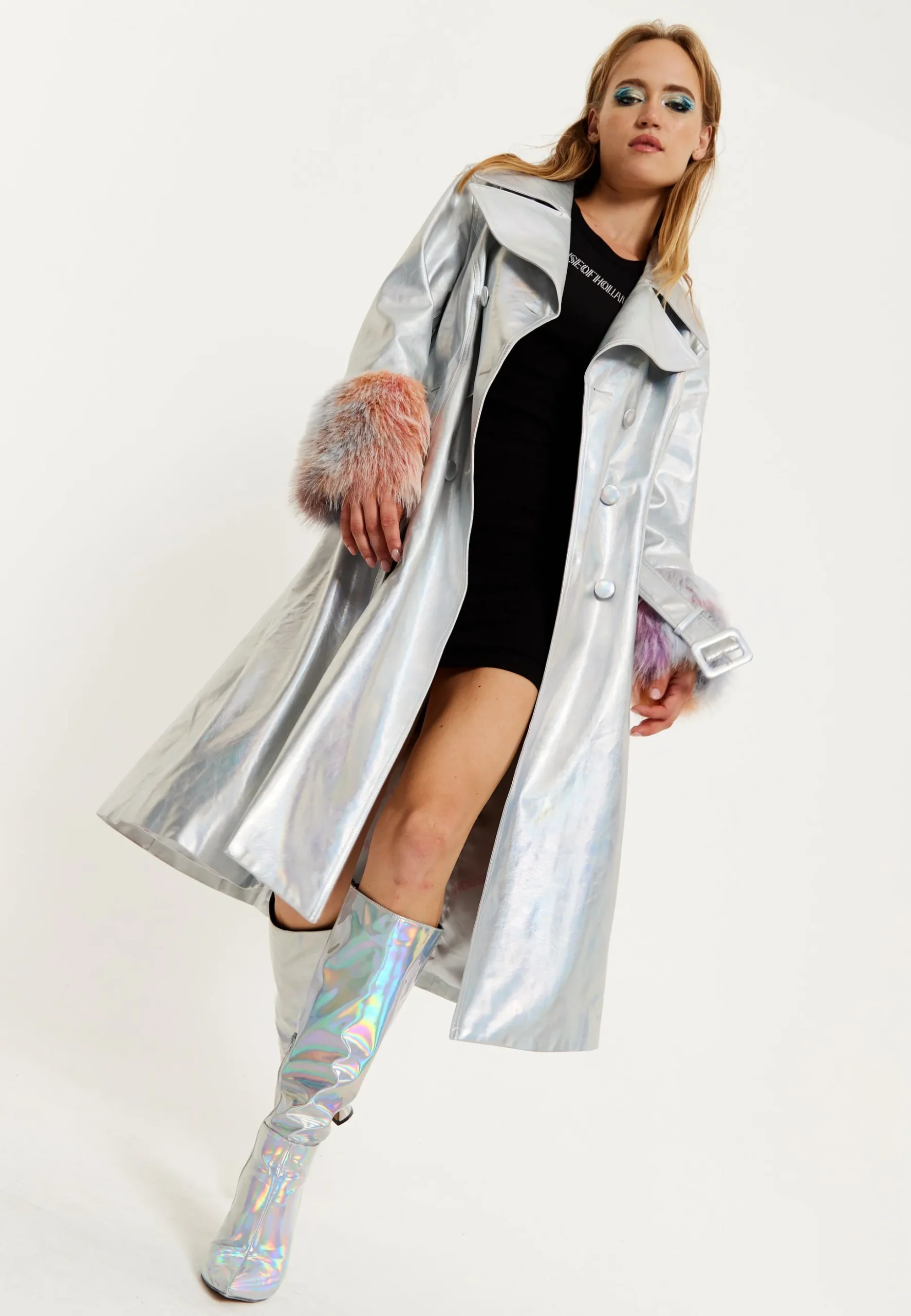 House Of Holland Fur Cuff Iridescent Trench Coat