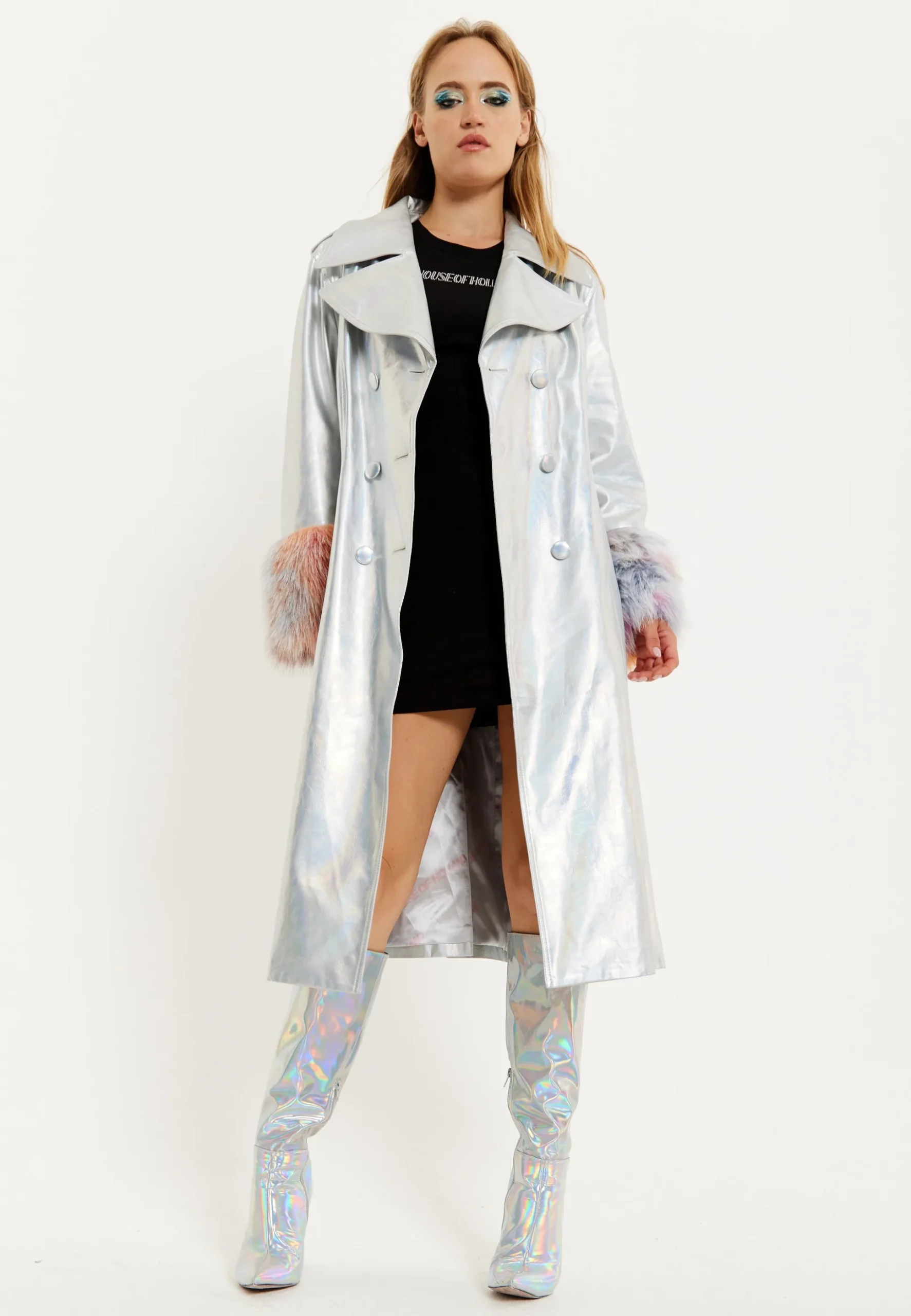 House Of Holland Fur Cuff Iridescent Trench Coat