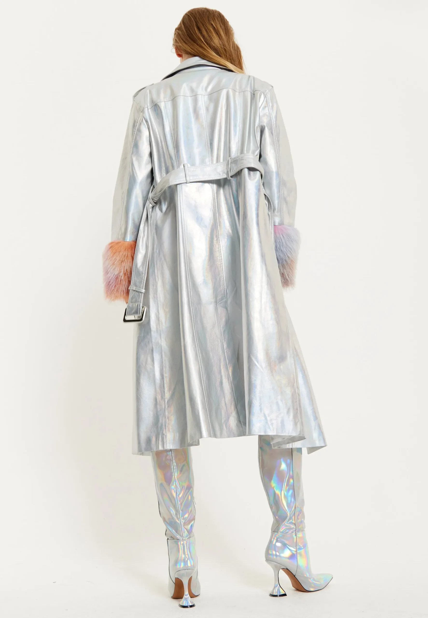 House Of Holland Fur Cuff Iridescent Trench Coat