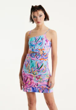 House Of Holland Heart Printed Jersey Mini Dress With Cut Out Details