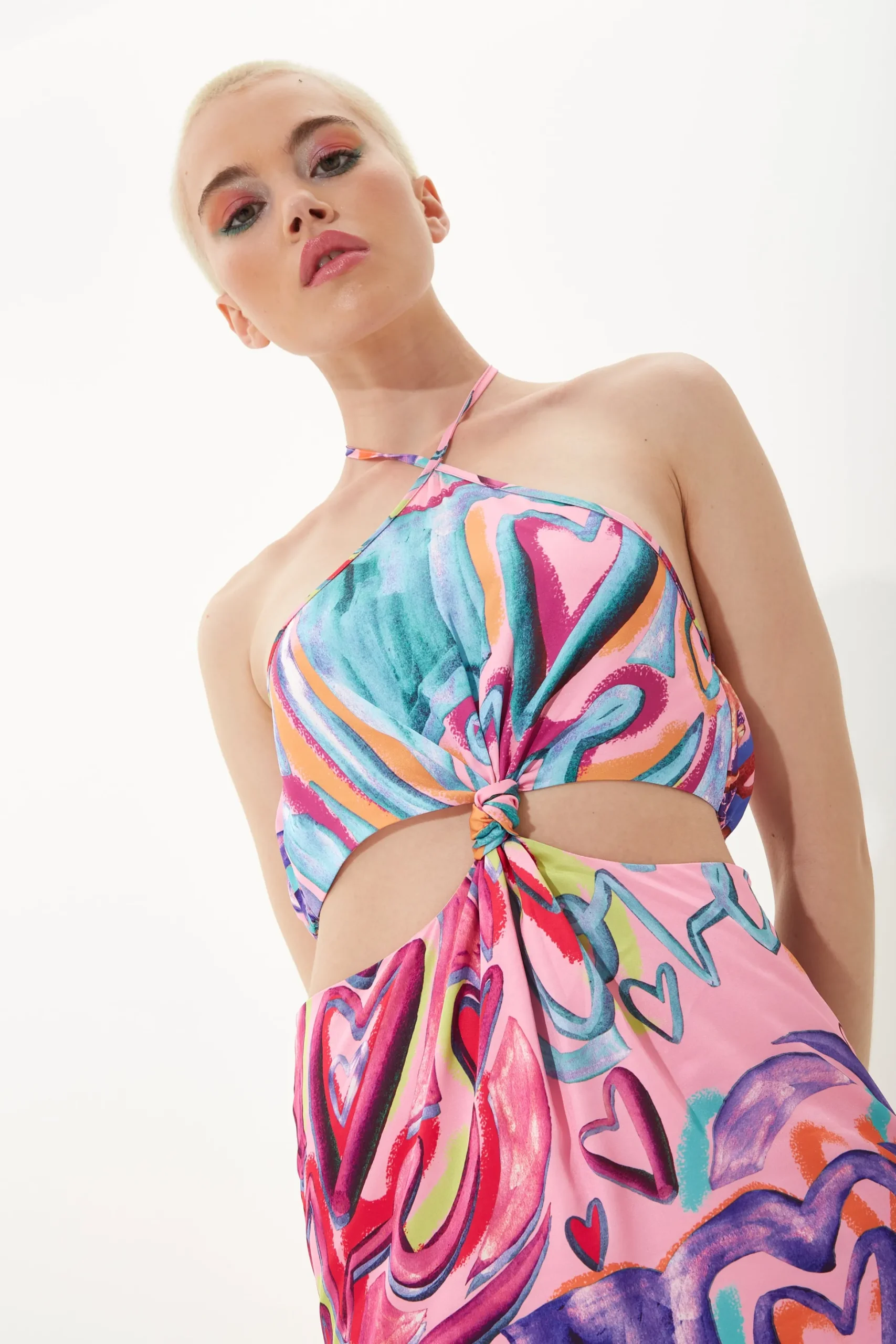 House Of Holland Heart Print Midi Dress With A Waist And Back Knotted