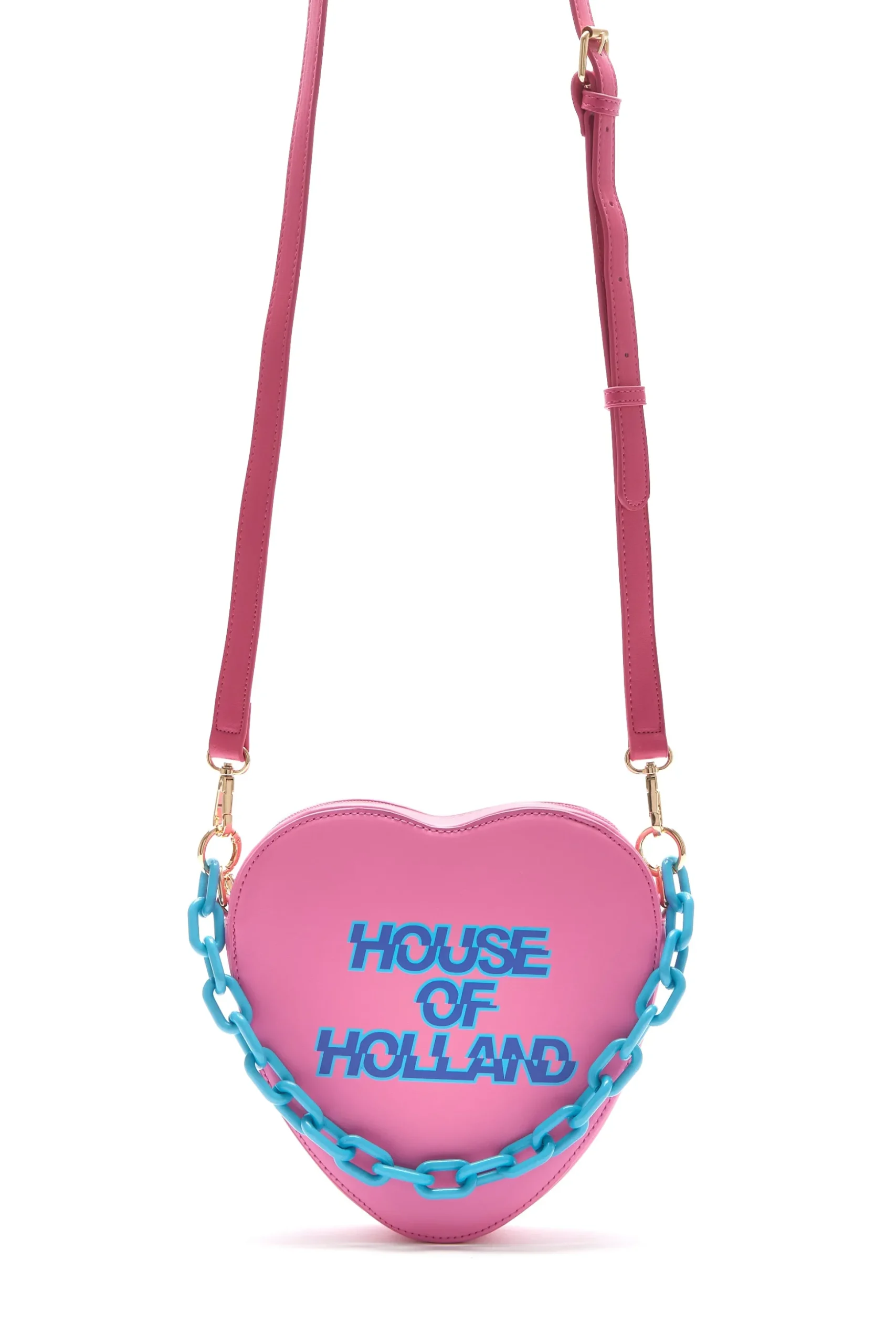 House Of Holland Heart Shape Cross Body Bag In Pink With A Chain Detai