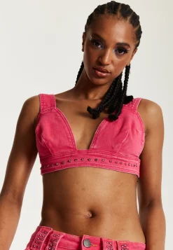 House of Holland Hot Pink Denim Studded Bralette