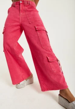 House of Holland Hot Pink Denim Wide Leg Cargo Trousers