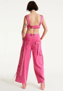 House of Holland Hot Pink Denim Wide Leg Cargo Trousers