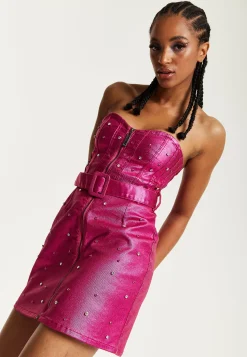 House of Holland Hot Pink Denim Dress With Stud Details