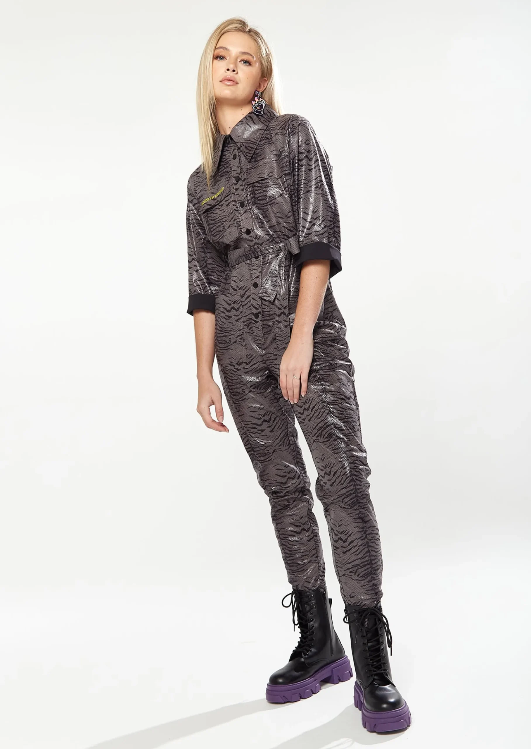 House of Holland Jumpsuit in Grey Wet Look Zebra Stripe