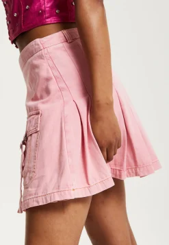 House of Holland Light Pink Pleated Denim Skirt with Studded Embroider