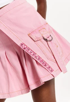 House of Holland Light Pink Pleated Denim Skirt with Studded Embroider