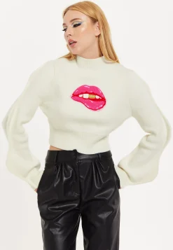 House Of Holland Lip Embroidery Wave Sleeve Jumper In White
