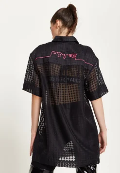 House Of Holland Logo Back Shirt in Black with Pink Embroidery