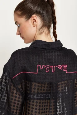 House Of Holland Logo Back Shirt in Black with Pink Embroidery