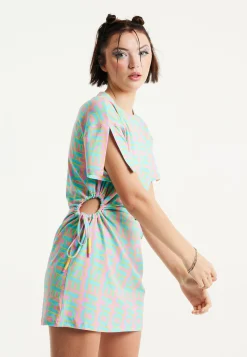 House Of Holland Logo Printed Mini Jersey Dress with Cut Out Details a