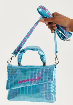 House Of Holland Logo Print Blue Iridescent Crossbody Bag