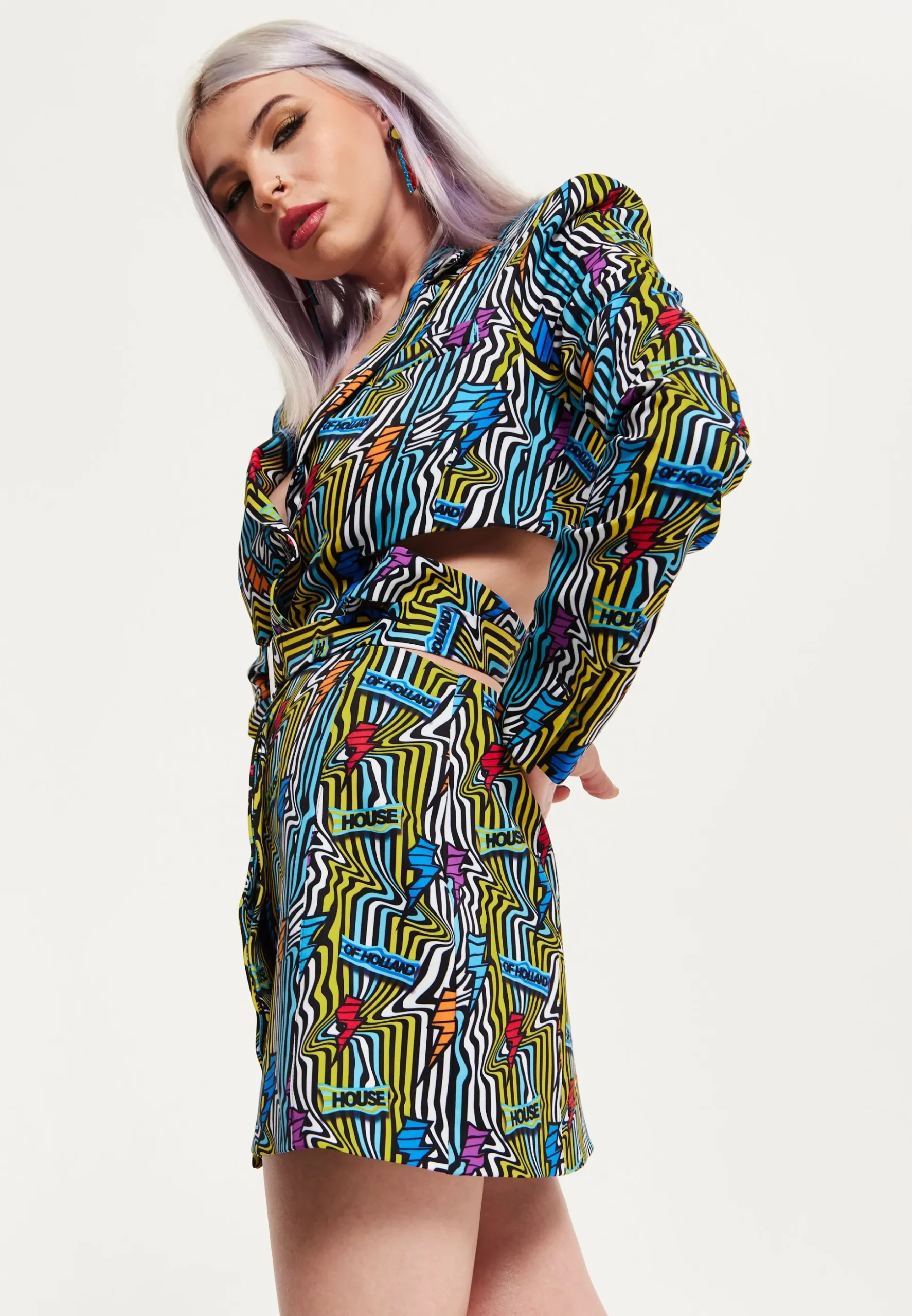 House Of Holland Mini Jacket Dress Lightning Bolt Print With Buckle Fa