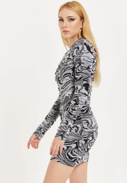 House of Holland Monochrome Swirl Print Ruched Mini Dress In Black&Whi