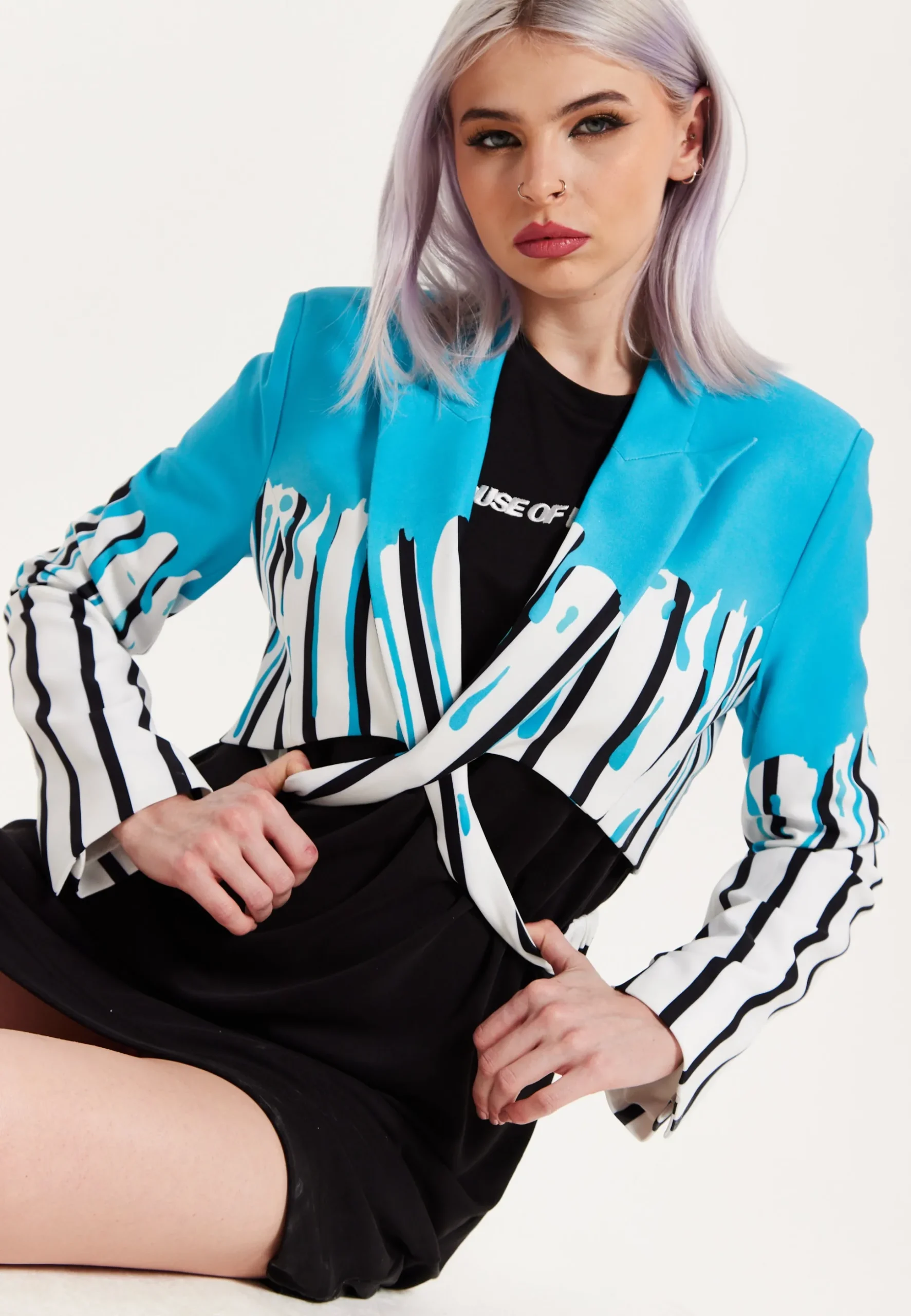 House of Holland Monochrome Stripe Blue Splash Cropped Blazer