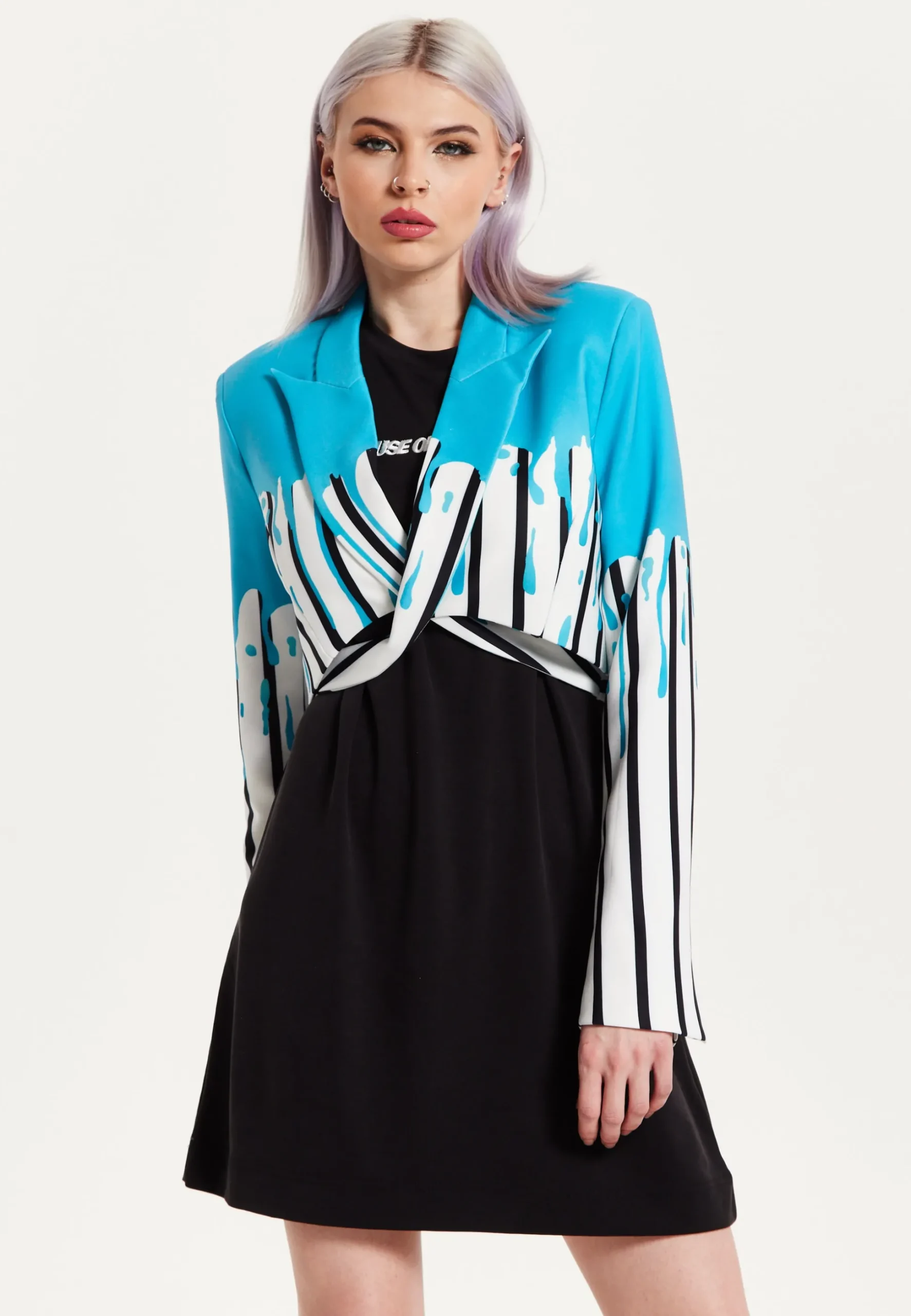 House of Holland Monochrome Stripe Blue Splash Cropped Blazer