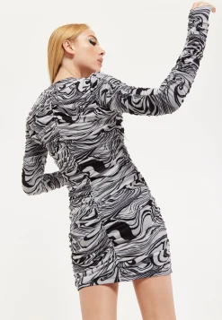 House of Holland Monochrome Swirl Print Ruched Mini Dress In Black&Whi