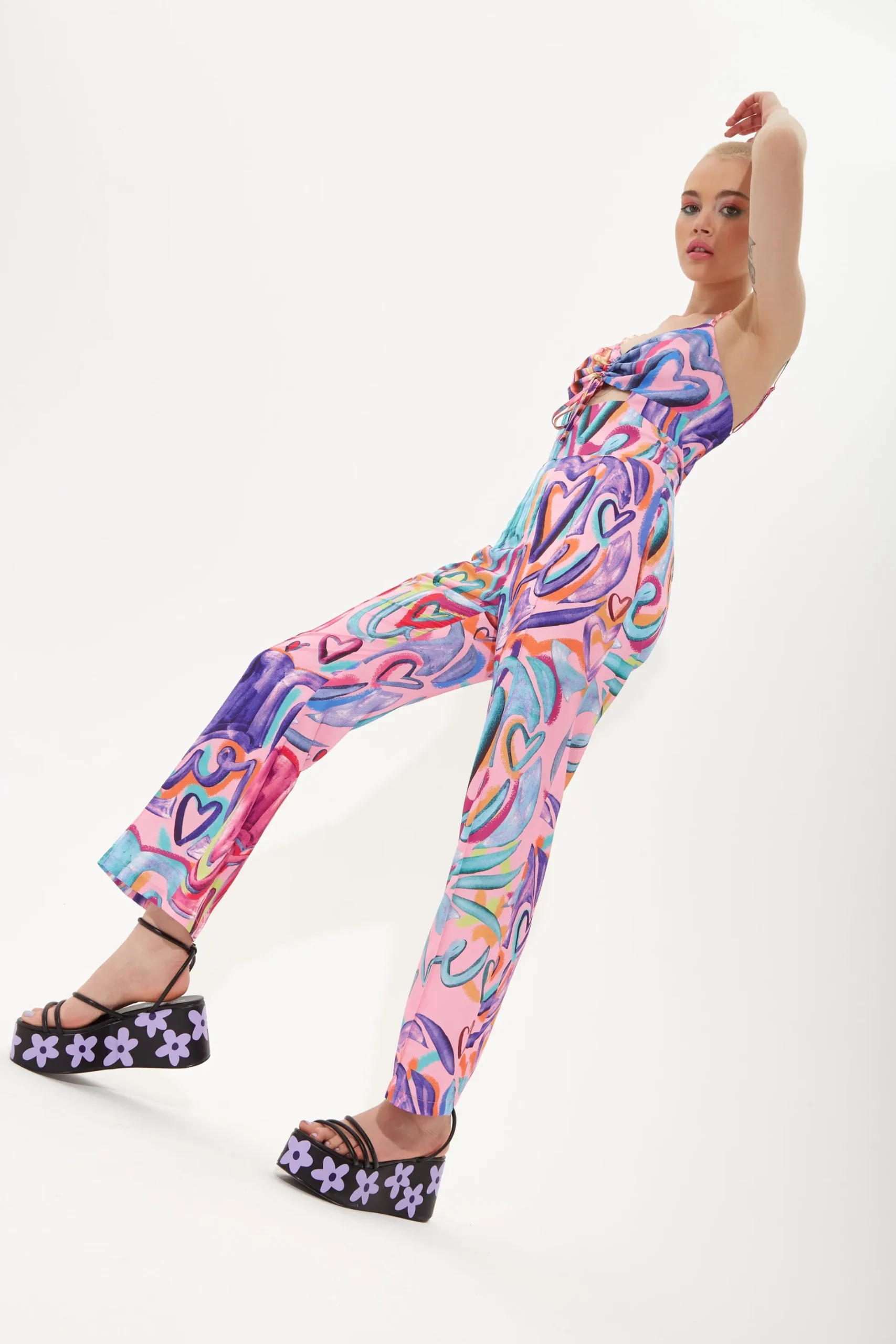 House of Holland Multi Coloured Heart Print Flared Leg Jumpsuit With C