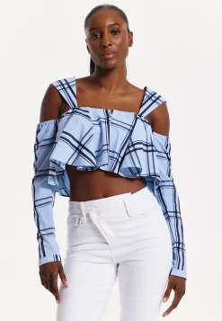 House of Holland Navy Check Ruffle Cold Shoulder Crop Blouse