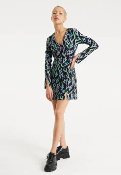 House Of Holland Neon Green And Pink Flame Print Long Sleeve Mini Dres