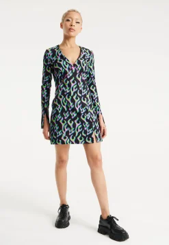 House Of Holland Neon Green And Pink Flame Print Long Sleeve Mini Dres